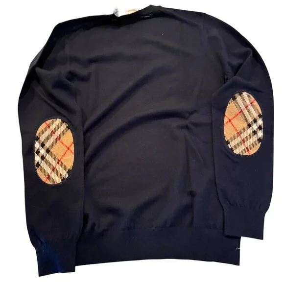 Burberry BEMPTON Navy Blue  Merino Wood Check Patch Pullover sweater, all sizes - Picture 7 of 11